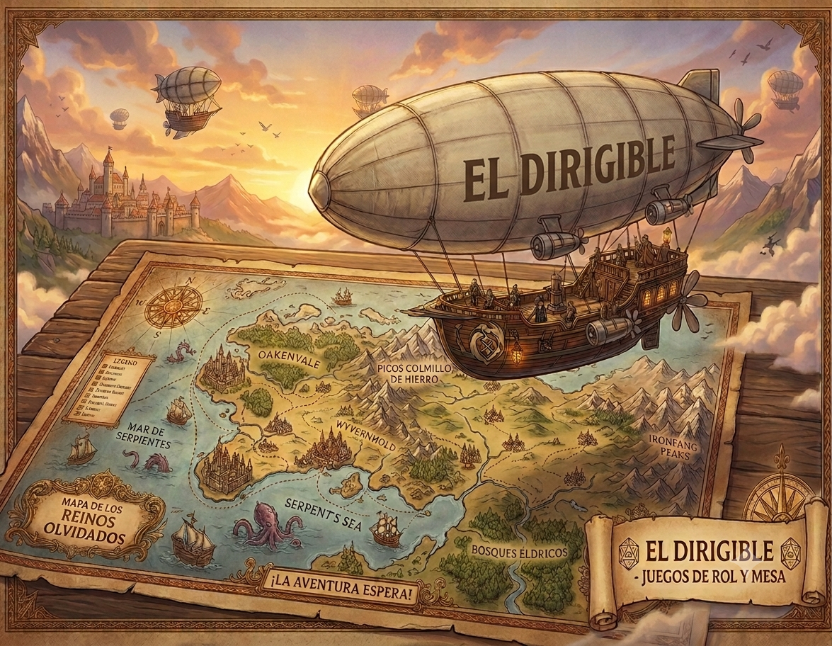Ilustración de un dirigible sobre un mapa de fantasía